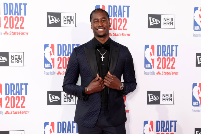 AJ Griffin (Duke) poses for photos on the red carpet before the 2022 NBA Draft at Barclays Center.